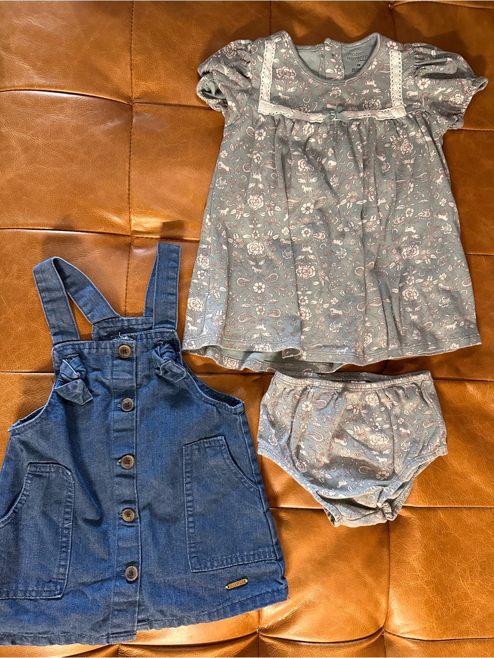 Tahari Blue Floral Top with Denim Pinafore Set